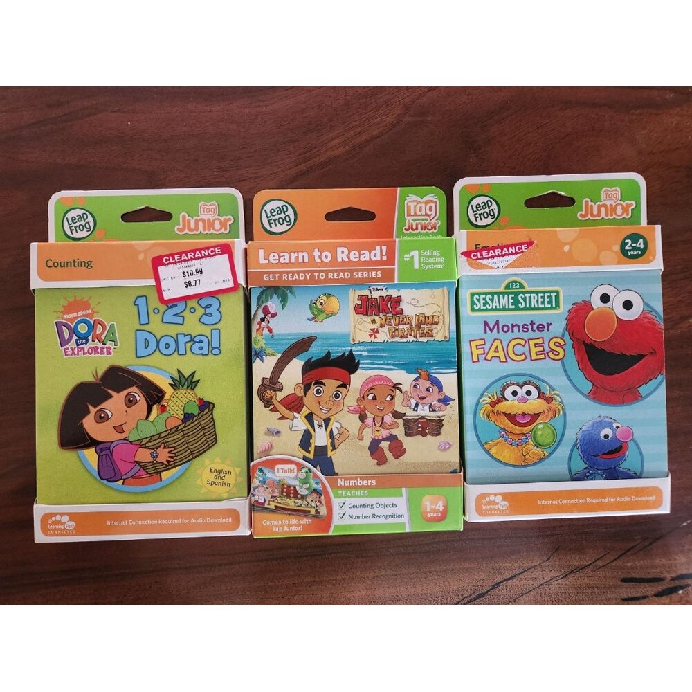 Leap Frog Tag Books 1 2 3 Dora, Monster Faces, Jake Never Land Pirates Ages 4-6
